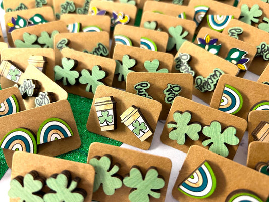 🍀 St. Patrick’s Day Wood Stud Earrings