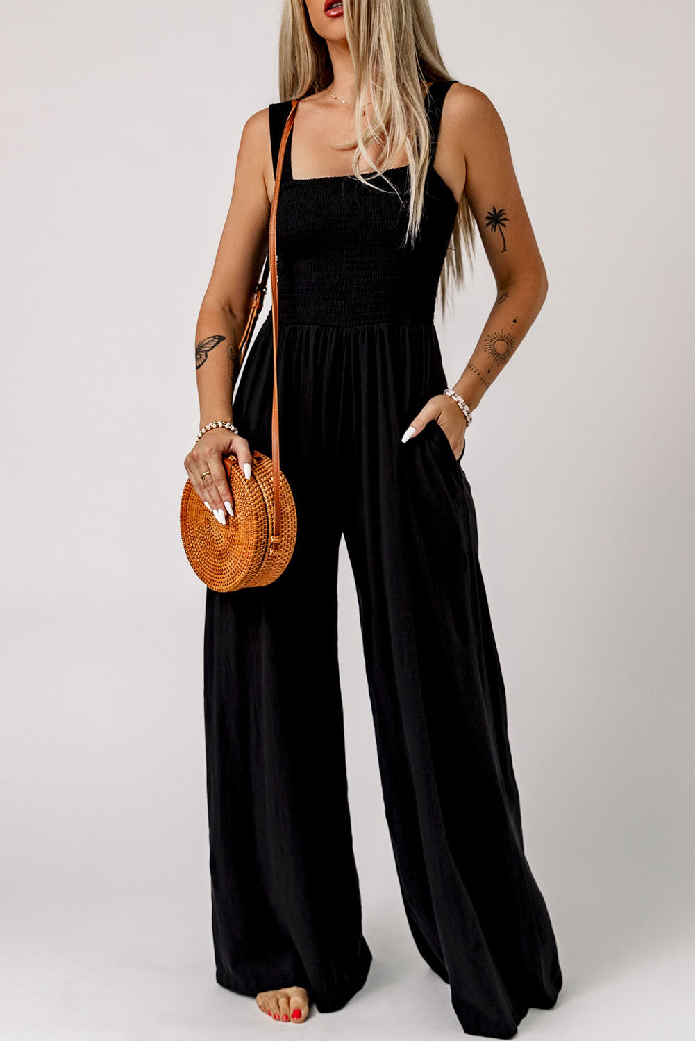 Smocked Square Neck Wide Leg Jumpsuit with Pockets - Shop women apparel, Jewelry, bath & beauty products online - Arwen's Boutique