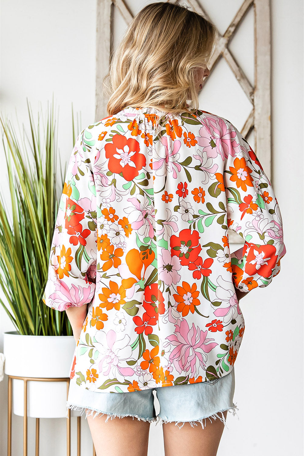 Floral Notched Neck Balloon Sleeve Blouse - Shop women apparel, Jewelry, bath & beauty products online - Arwen's Boutique