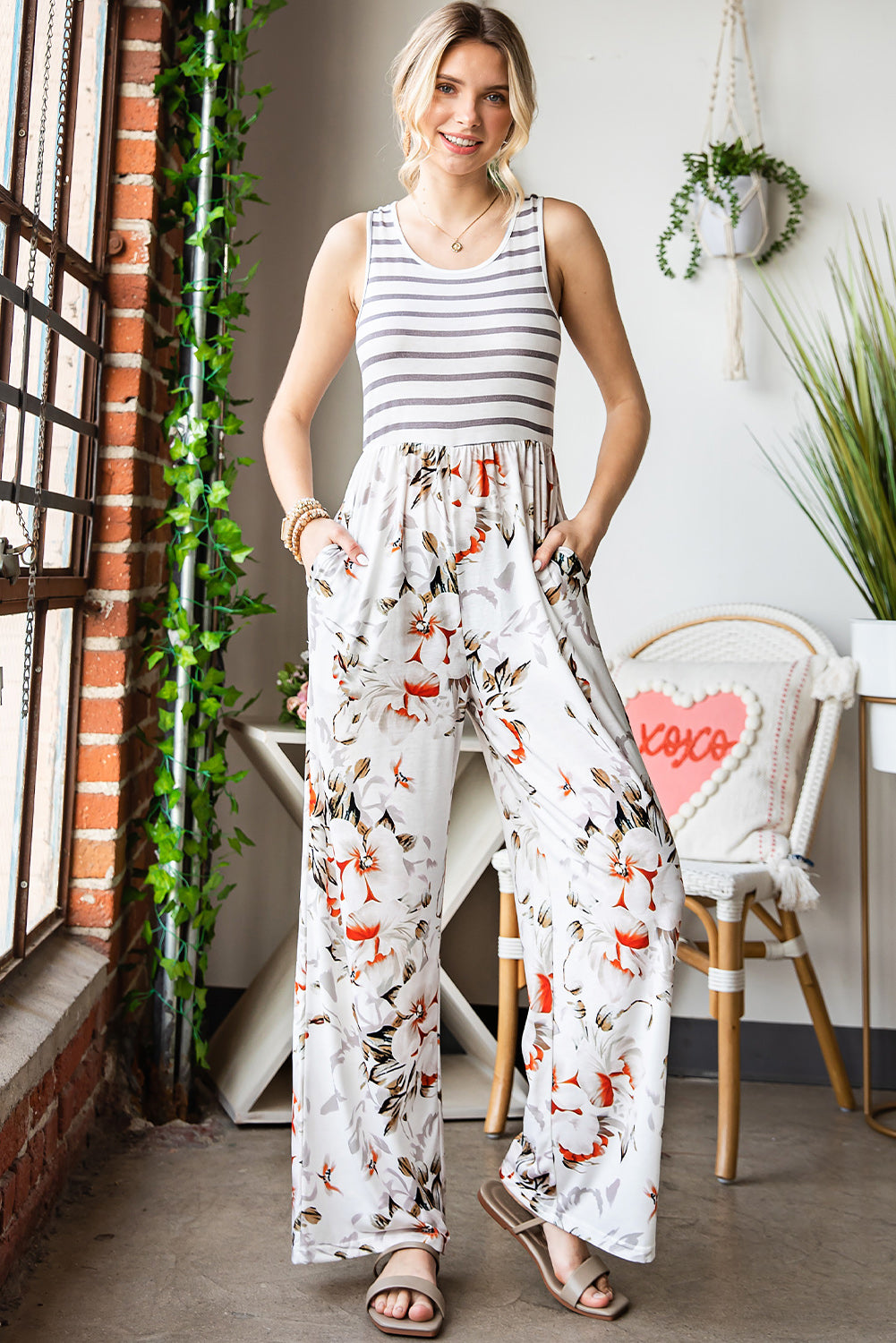 Striped Floral Sleeveless Wide Leg Jumpsuit with Pockets - Shop women apparel, Jewelry, bath & beauty products online - Arwen's Boutique