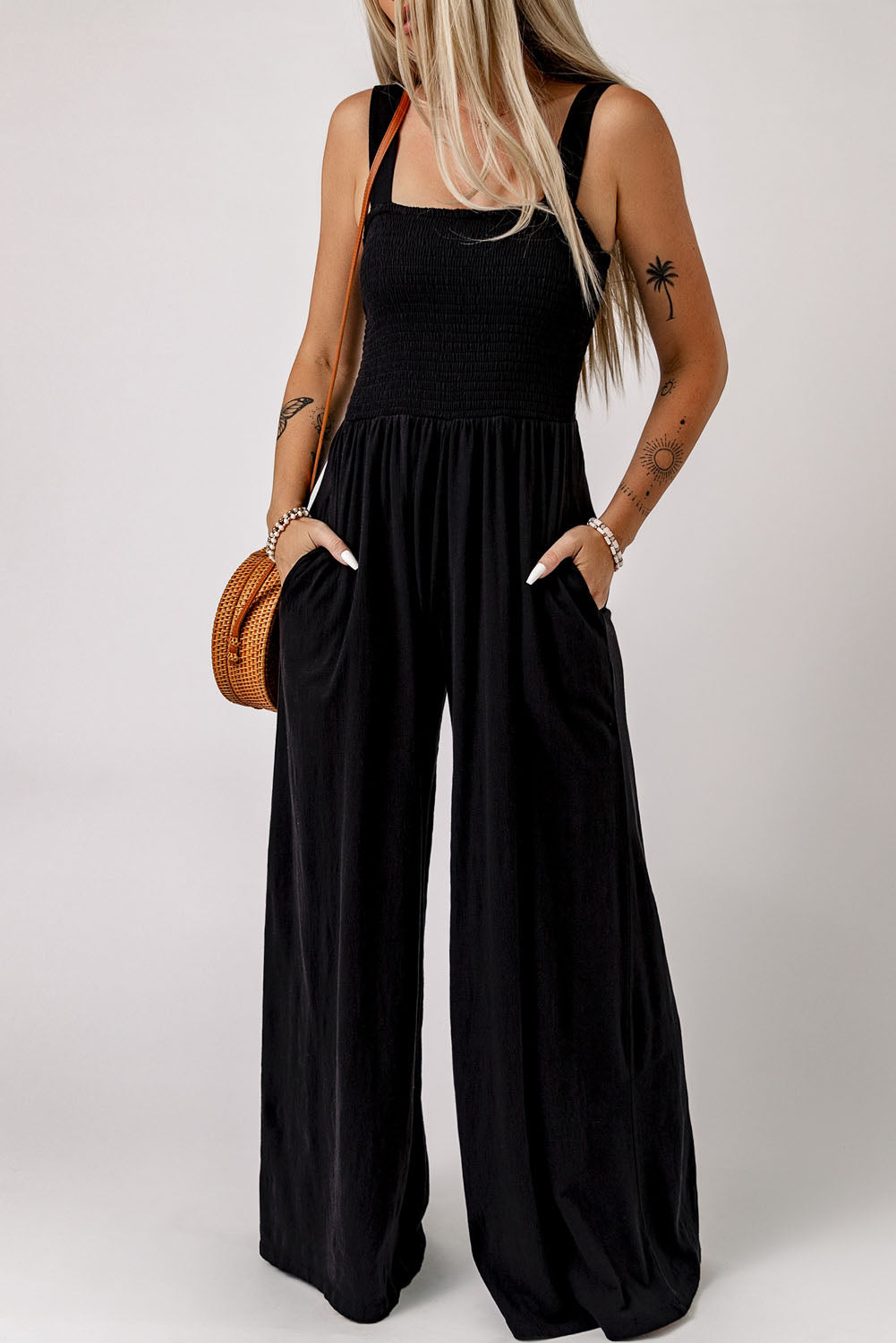 Smocked Square Neck Wide Leg Jumpsuit with Pockets - Shop women apparel, Jewelry, bath & beauty products online - Arwen's Boutique