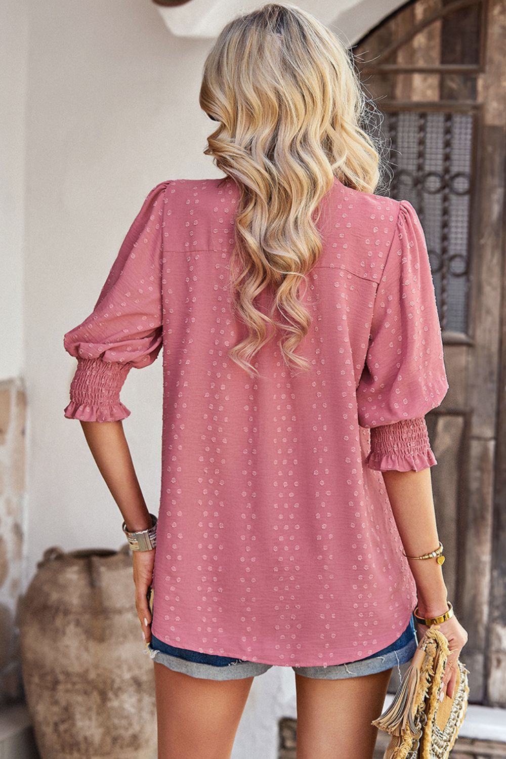 Textured Notched Neck Puff Sleeve Blouse - Shop women apparel, Jewelry, bath & beauty products online - Arwen's Boutique