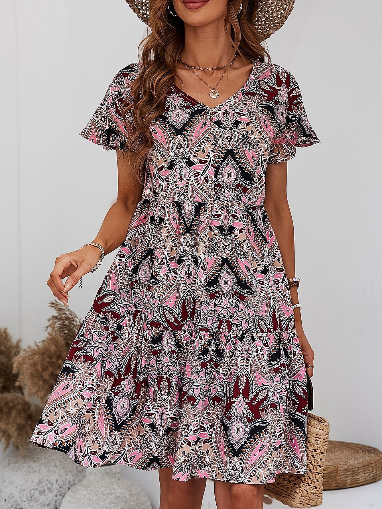 Printed V-Neck Tiered Dress - Shop women apparel, Jewelry, bath & beauty products online - Arwen's Boutique