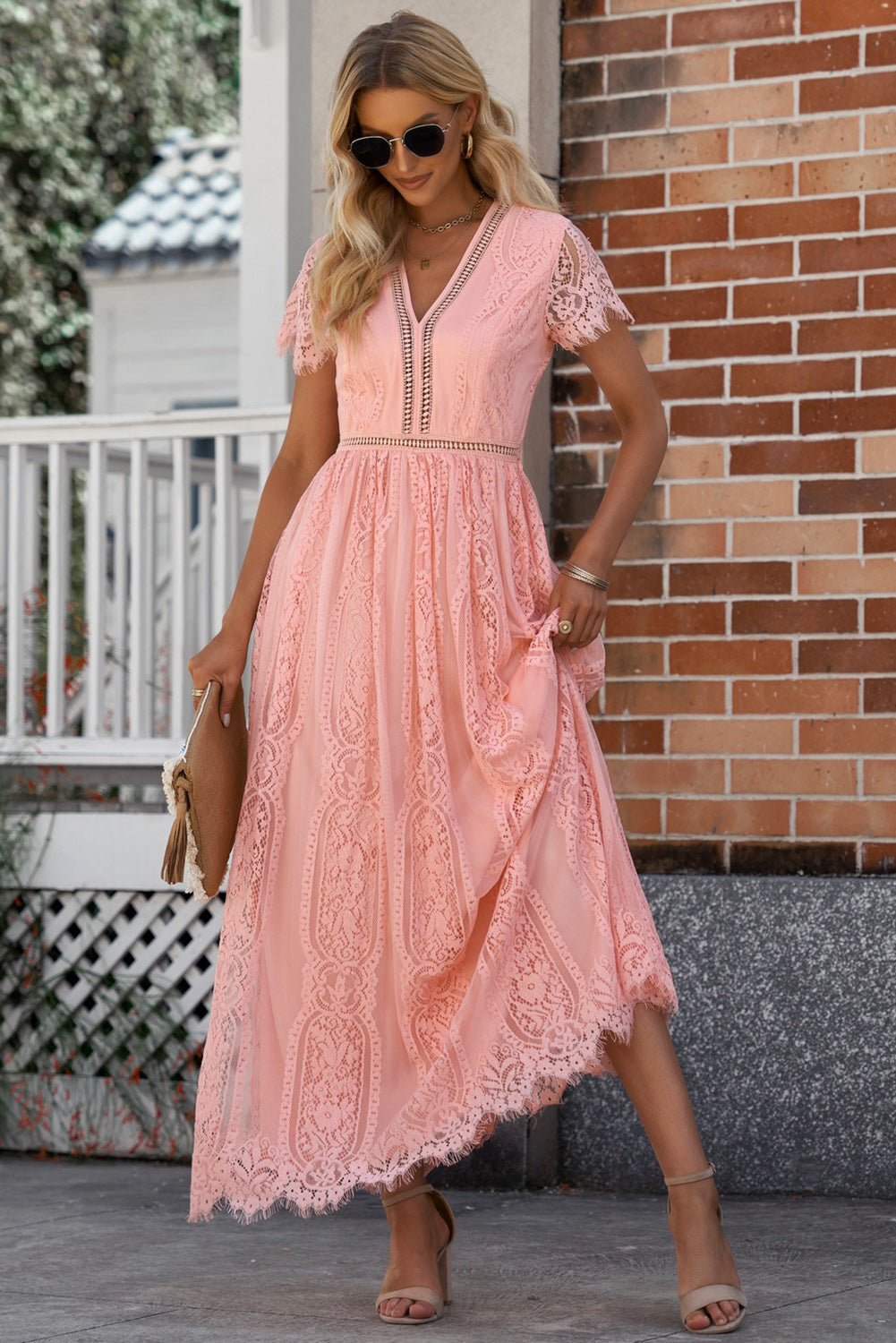 Scalloped Trim Lace Plunge Dress - Shop women apparel, Jewelry, bath & beauty products online - Arwen's Boutique