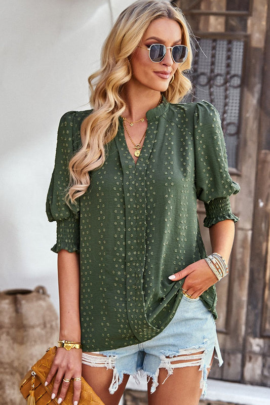 Textured Notched Neck Puff Sleeve Blouse - Shop women apparel, Jewelry, bath & beauty products online - Arwen's Boutique