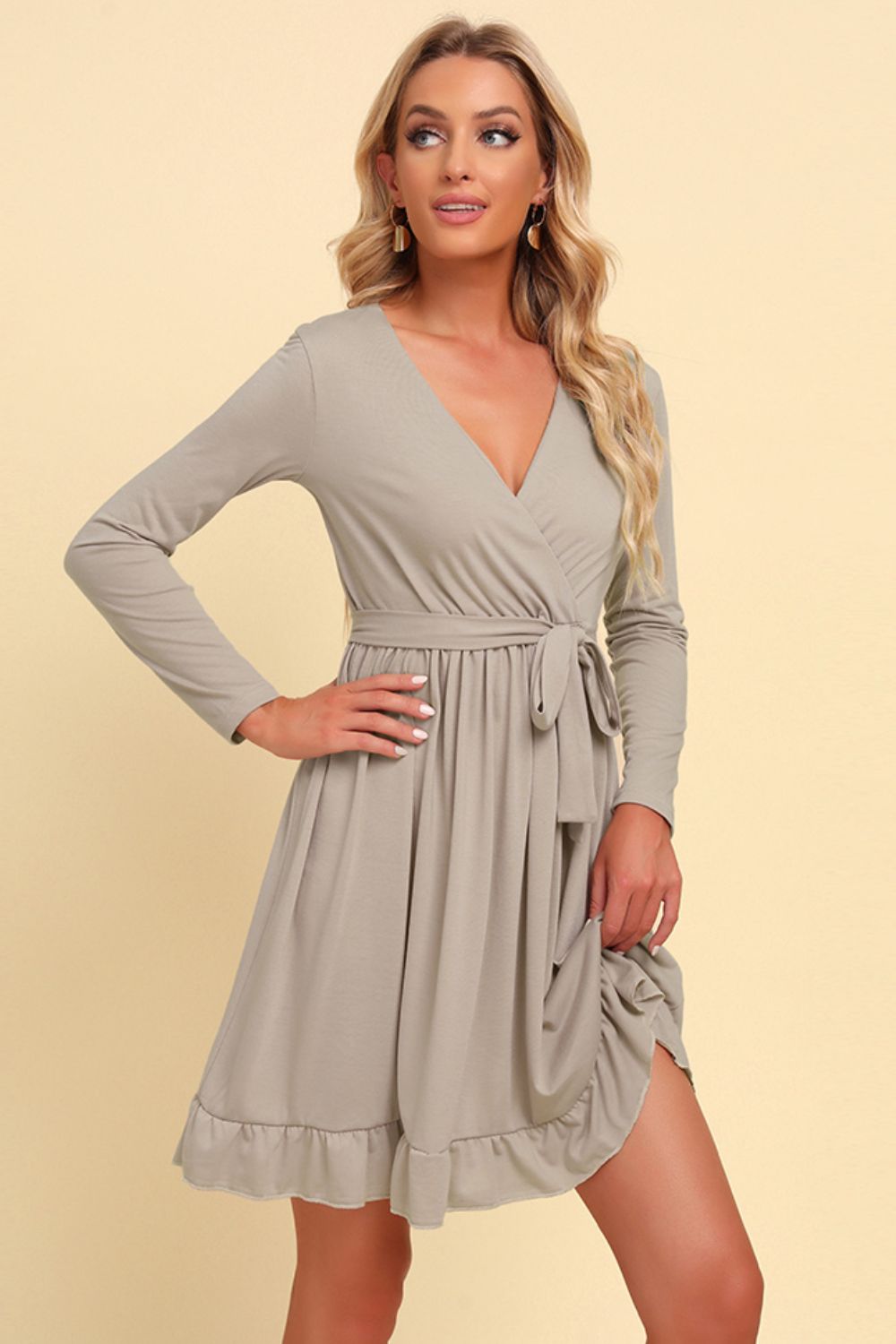 Long Sleeve Tie Waist Ruffle Hem Dress - Shop women apparel, Jewelry, bath & beauty products online - Arwen's Boutique