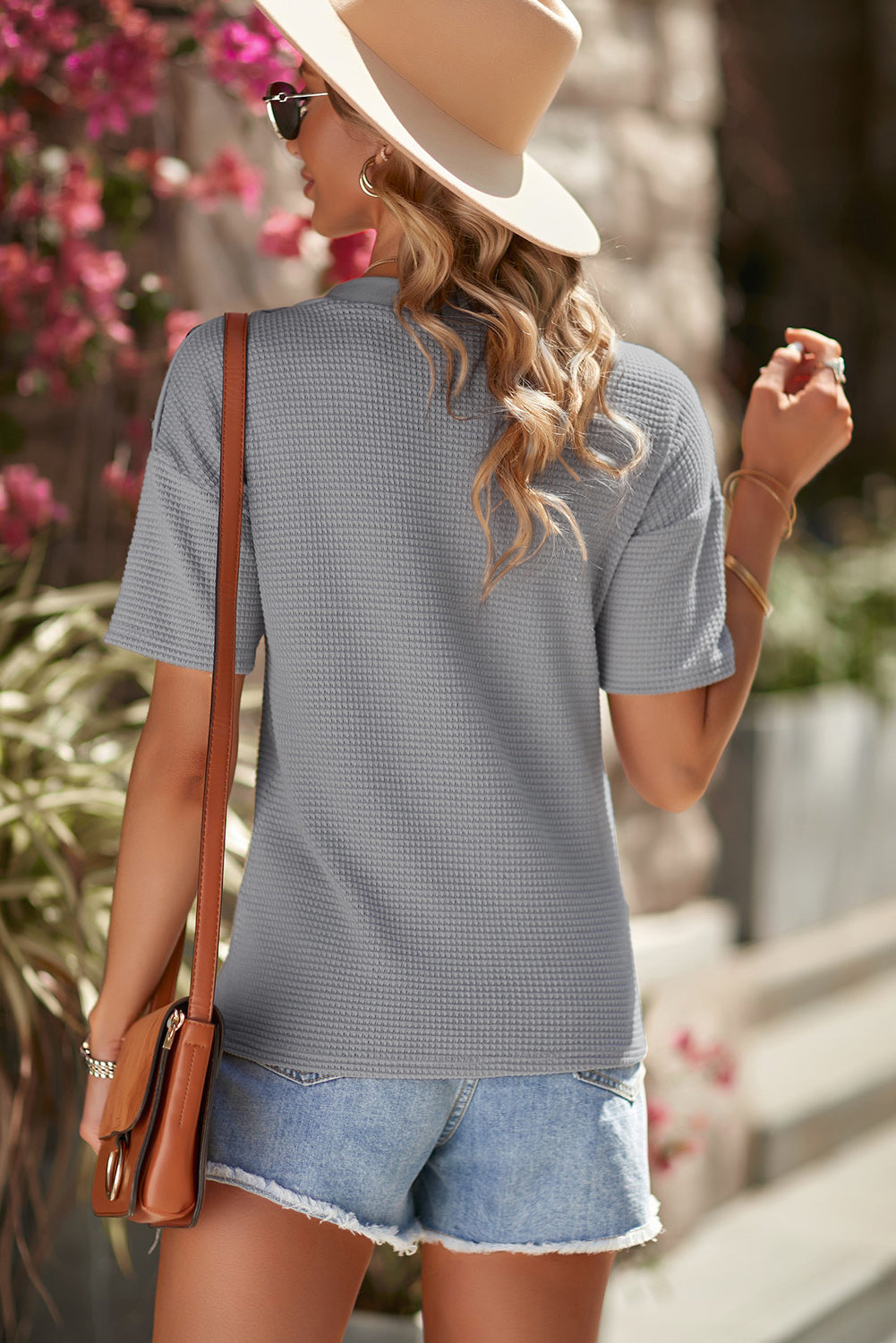 Button Detail Dropped Shoulder Waffle Knit Top - Shop women apparel, Jewelry, bath & beauty products online - Arwen's Boutique