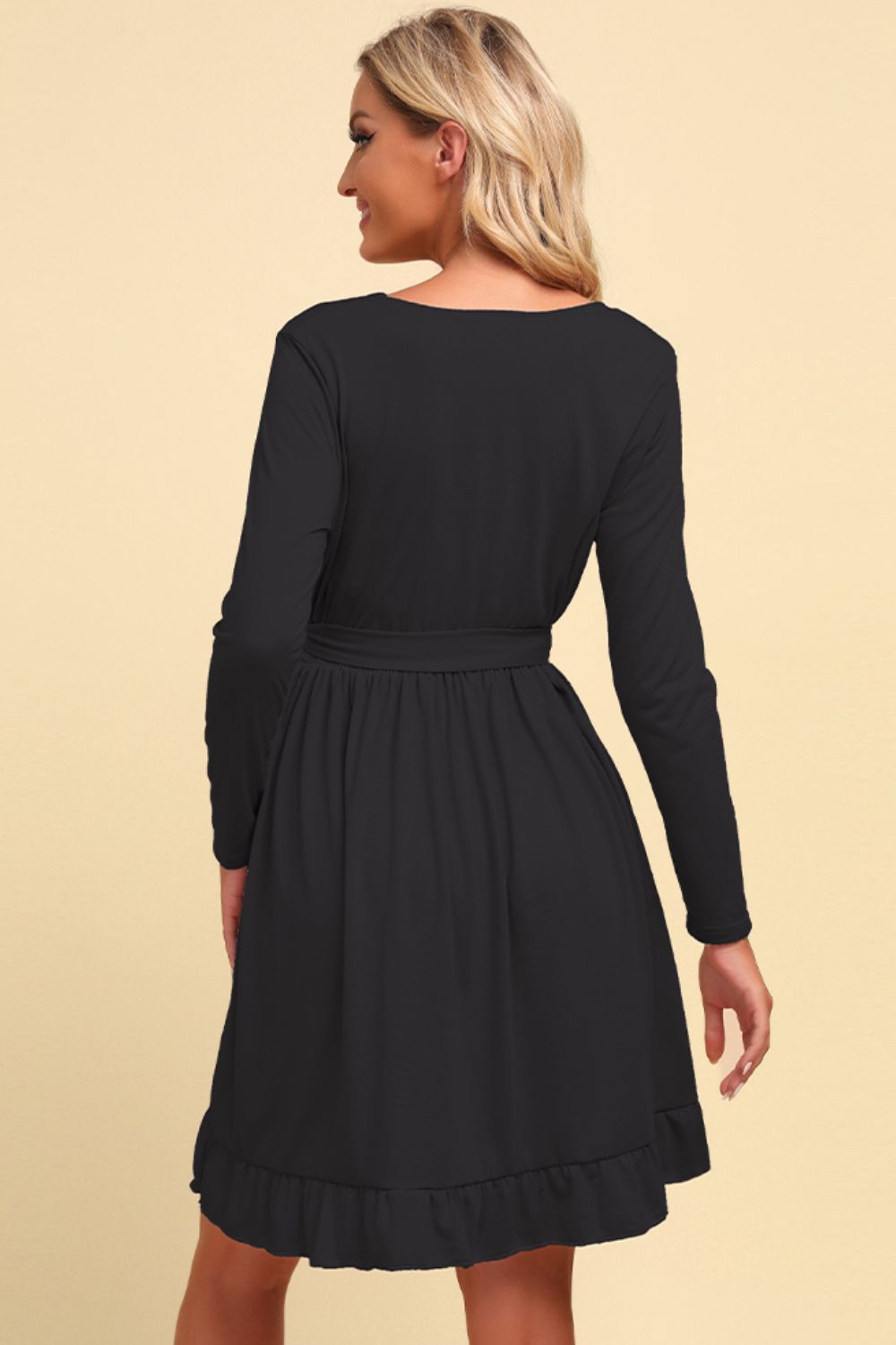 Long Sleeve Tie Waist Ruffle Hem Dress - Shop women apparel, Jewelry, bath & beauty products online - Arwen's Boutique