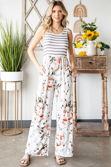 Striped Floral Sleeveless Wide Leg Jumpsuit with Pockets - Shop women apparel, Jewelry, bath & beauty products online - Arwen's Boutique