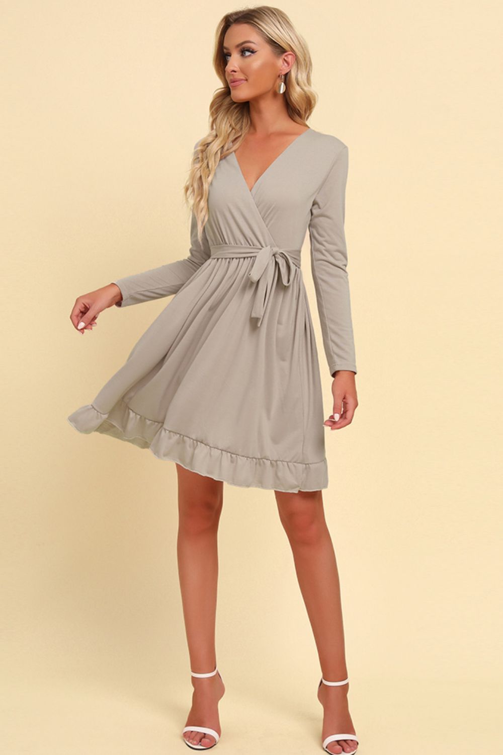 Long Sleeve Tie Waist Ruffle Hem Dress - Shop women apparel, Jewelry, bath & beauty products online - Arwen's Boutique