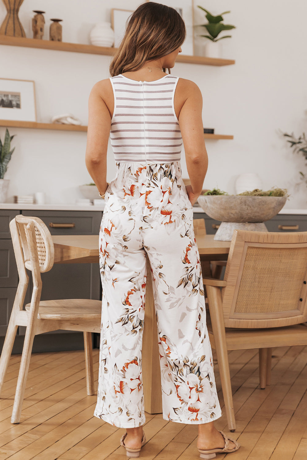 Striped Floral Sleeveless Wide Leg Jumpsuit with Pockets - Shop women apparel, Jewelry, bath & beauty products online - Arwen's Boutique