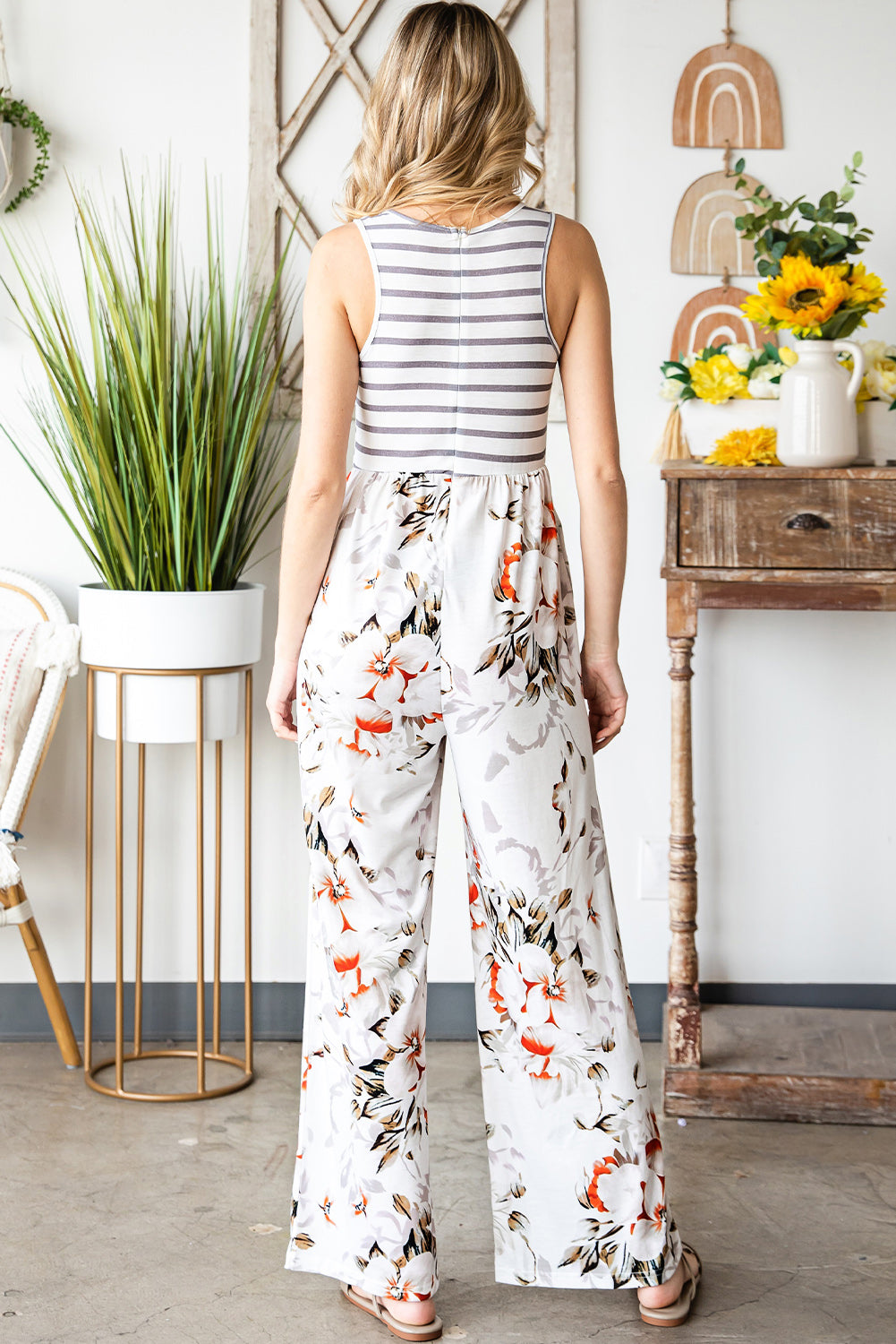 Striped Floral Sleeveless Wide Leg Jumpsuit with Pockets - Shop women apparel, Jewelry, bath & beauty products online - Arwen's Boutique