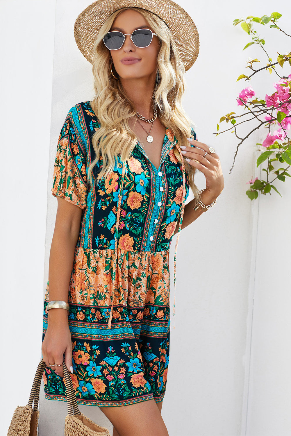 Floral Multicolored Tie-Neck Romper - Shop women apparel, Jewelry, bath & beauty products online - Arwen's Boutique