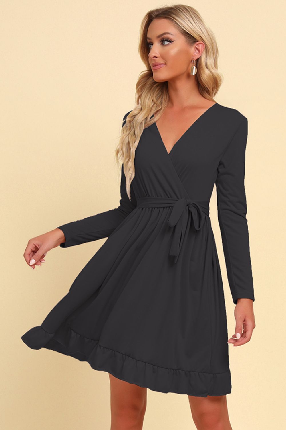 Long Sleeve Tie Waist Ruffle Hem Dress - Shop women apparel, Jewelry, bath & beauty products online - Arwen's Boutique