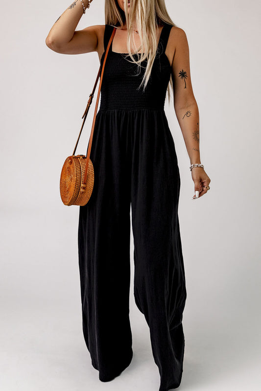 Smocked Square Neck Wide Leg Jumpsuit with Pockets - Shop women apparel, Jewelry, bath & beauty products online - Arwen's Boutique
