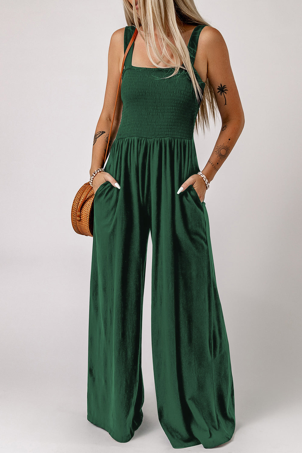Smocked Square Neck Wide Leg Jumpsuit with Pockets - Shop women apparel, Jewelry, bath & beauty products online - Arwen's Boutique