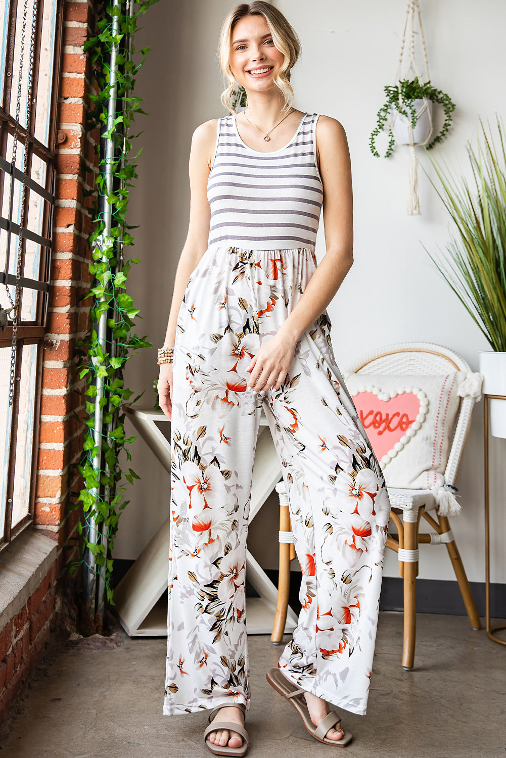 Striped Floral Sleeveless Wide Leg Jumpsuit with Pockets - Shop women apparel, Jewelry, bath & beauty products online - Arwen's Boutique