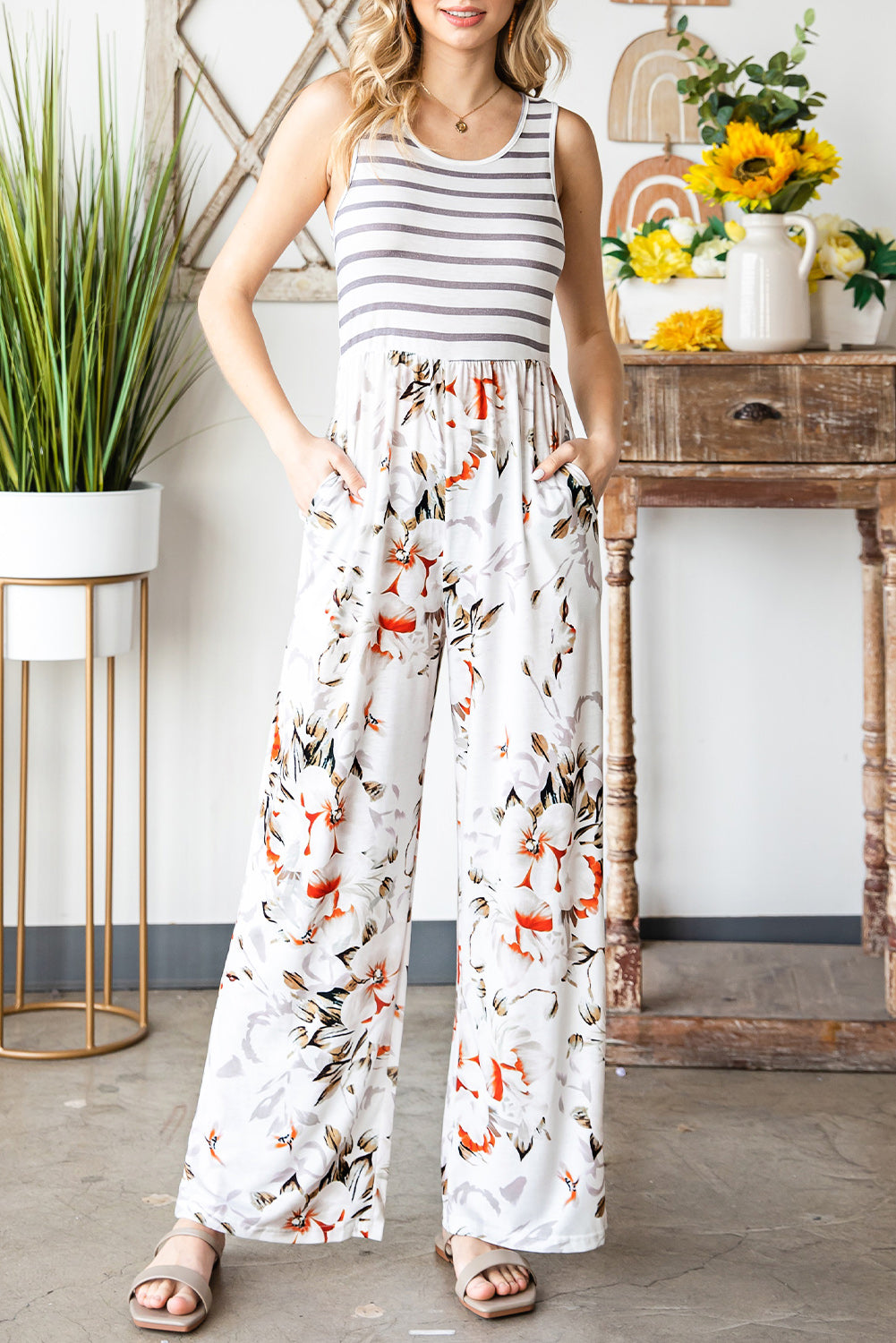 Striped Floral Sleeveless Wide Leg Jumpsuit with Pockets - Shop women apparel, Jewelry, bath & beauty products online - Arwen's Boutique
