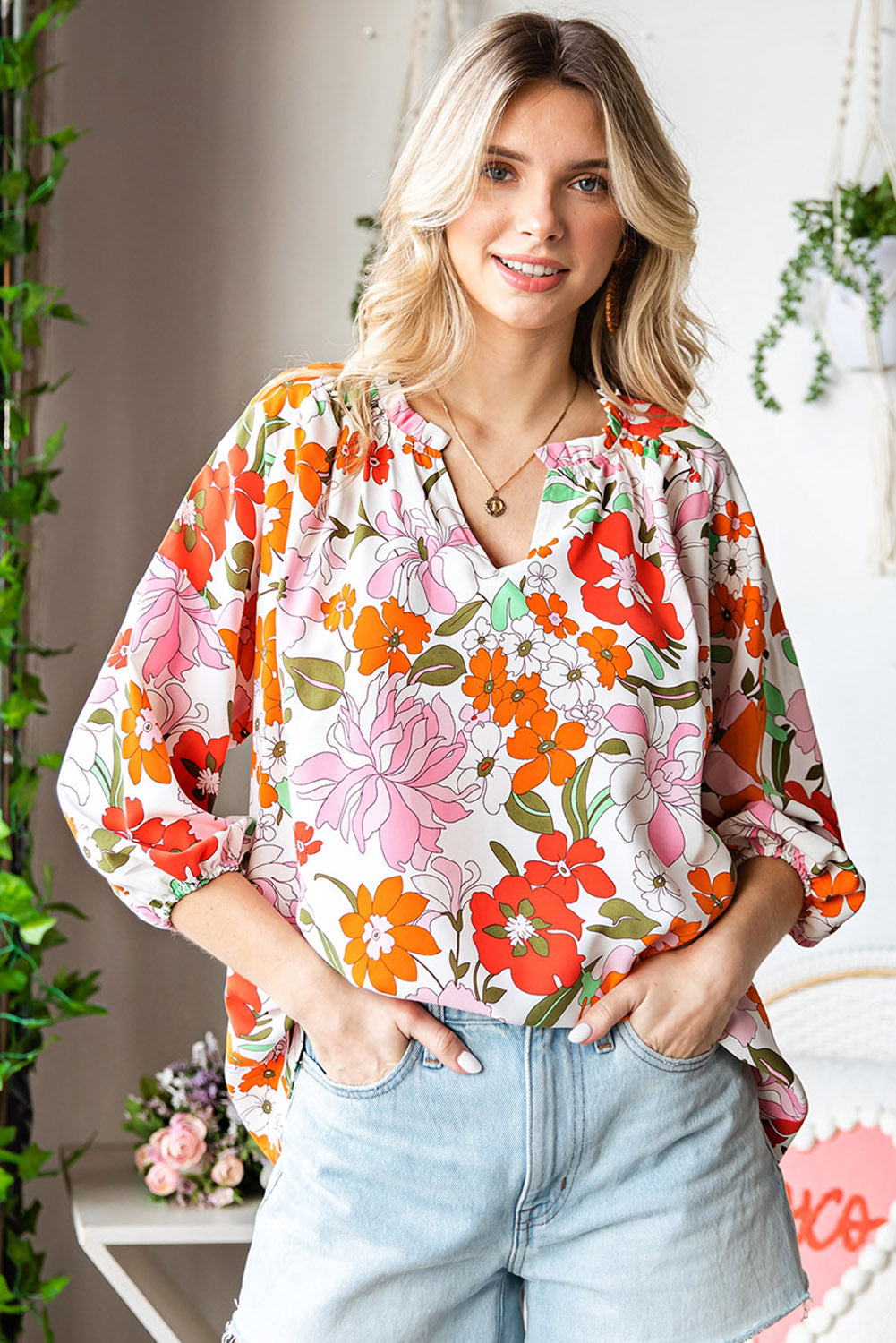 Floral Notched Neck Balloon Sleeve Blouse - Shop women apparel, Jewelry, bath & beauty products online - Arwen's Boutique