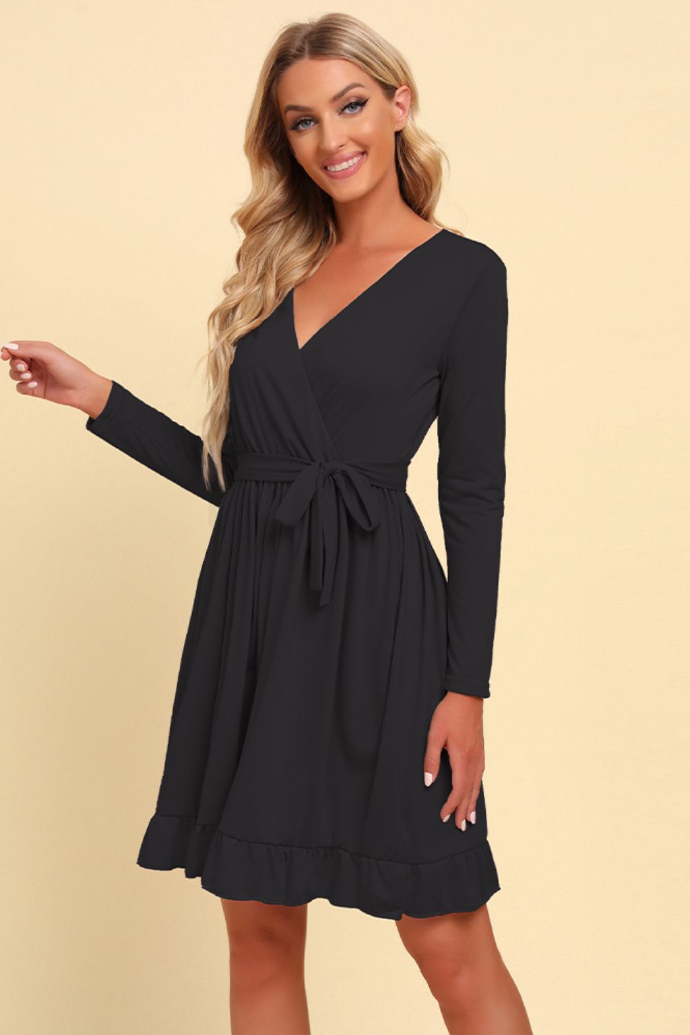 Long Sleeve Tie Waist Ruffle Hem Dress - Shop women apparel, Jewelry, bath & beauty products online - Arwen's Boutique