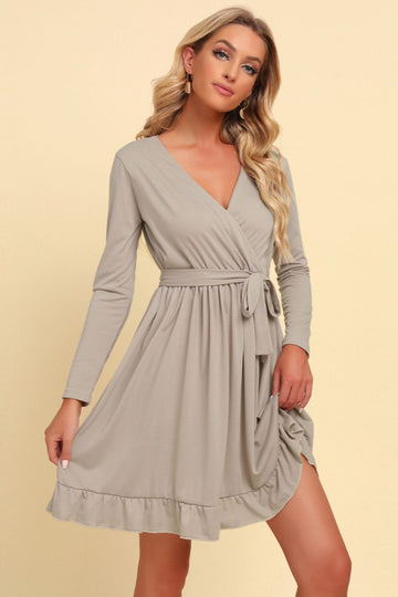 Long Sleeve Tie Waist Ruffle Hem Dress - Shop women apparel, Jewelry, bath & beauty products online - Arwen's Boutique