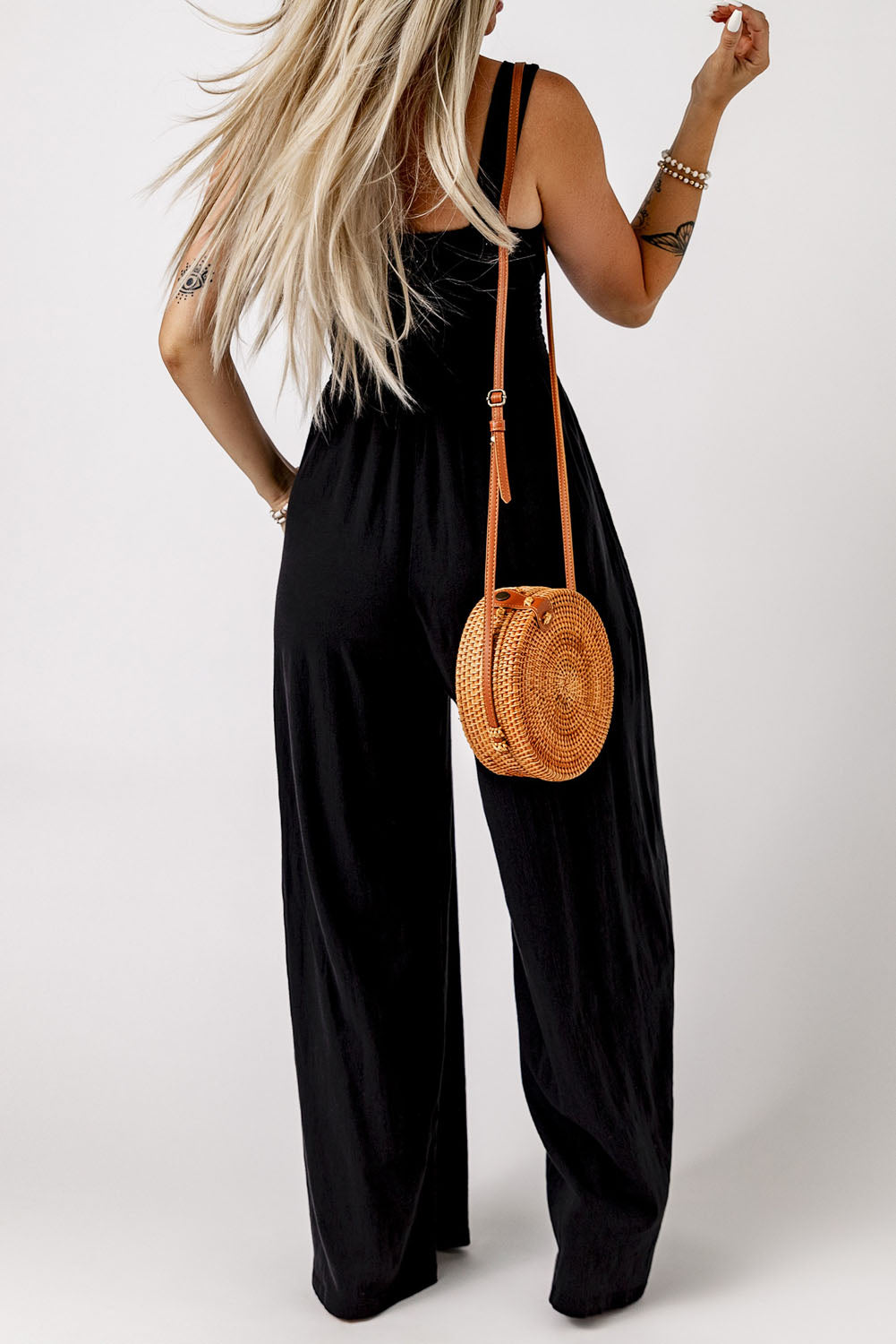 Smocked Square Neck Wide Leg Jumpsuit with Pockets - Shop women apparel, Jewelry, bath & beauty products online - Arwen's Boutique