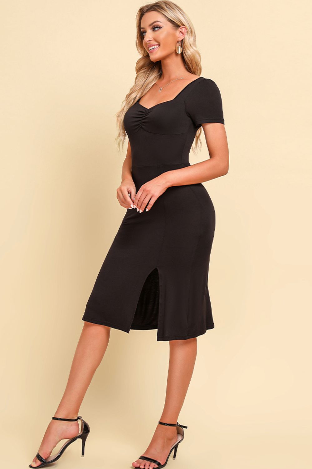 Ruched Sweetheart Neck Short Sleeve Slit Dress - Shop women apparel, Jewelry, bath & beauty products online - Arwen's Boutique