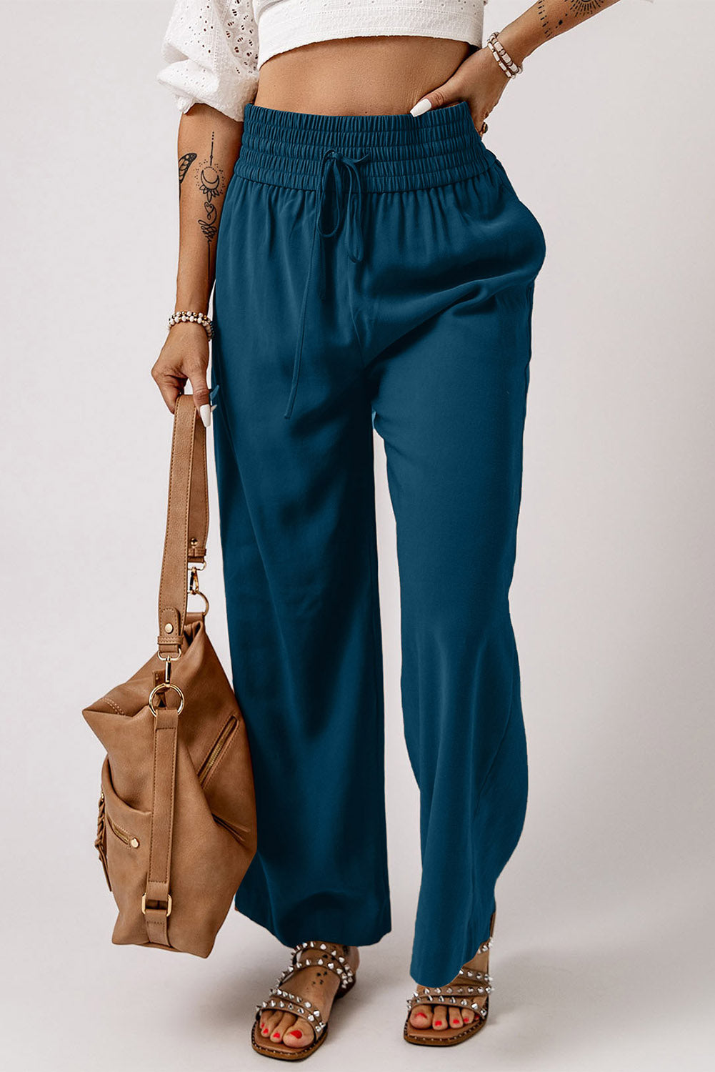 Drawstring Smocked Waist Wide Leg Pants - Shop women apparel, Jewelry, bath & beauty products online - Arwen's Boutique