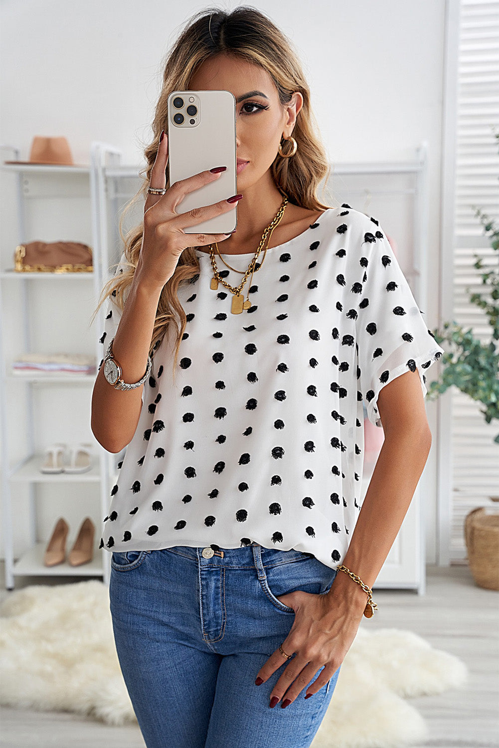 Swiss Dot Round Neck Blouse - Shop women apparel, Jewelry, bath & beauty products online - Arwen's Boutique