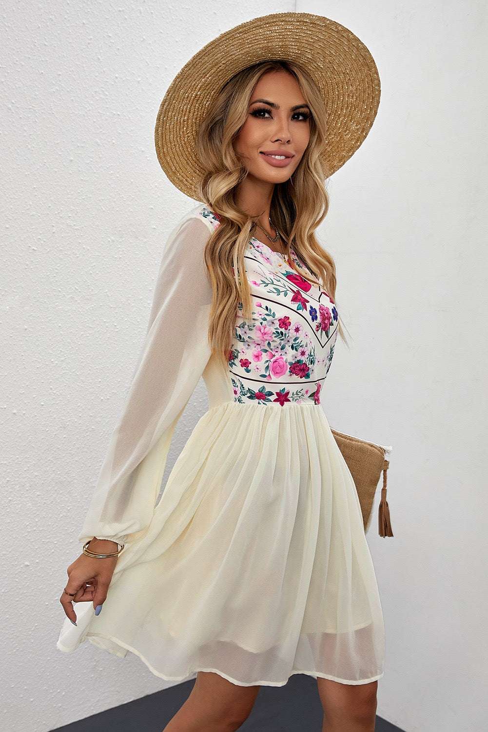 Floral Mesh Sleeve Lined Dress - Shop women apparel, Jewelry, bath & beauty products online - Arwen's Boutique
