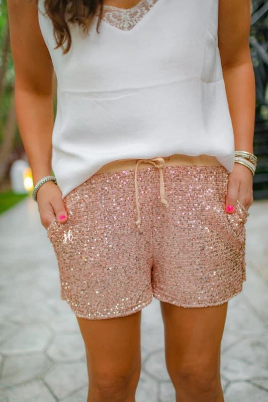 Rose Gold Sequin Drawstring Shorts - Shop women apparel, Jewelry, bath & beauty products online - Arwen's Boutique