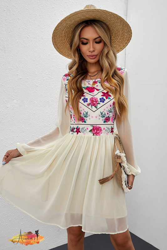 Floral Mesh Sleeve Lined Dress - Shop women apparel, Jewelry, bath & beauty products online - Arwen's Boutique