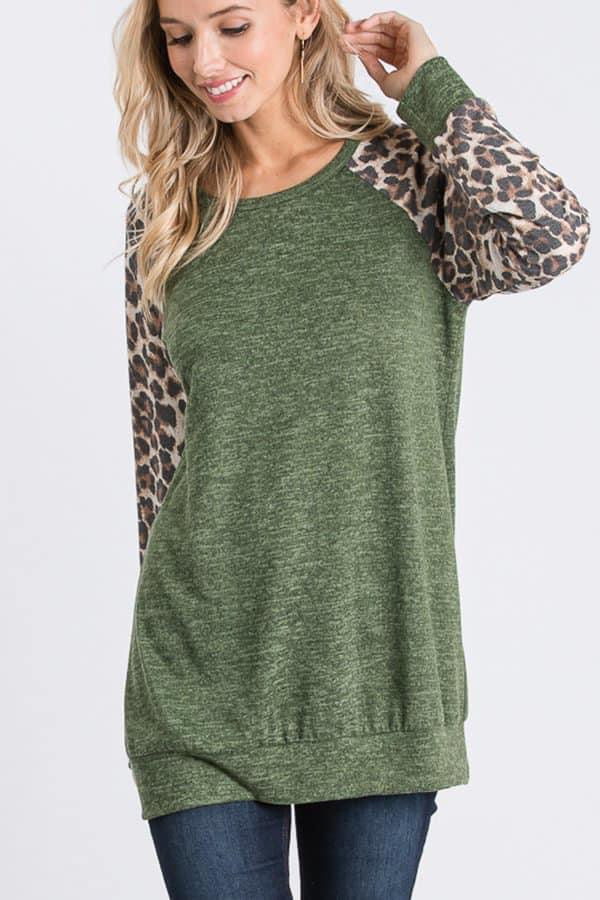 Olive Leopard Long Sleeve Top - Shop women apparel, Jewelry, bath & beauty products online - Arwen's Boutique