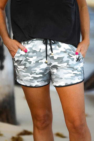 Commander Grey Camo Drawstring Everyday Shorts - Shop women apparel, Jewelry, bath & beauty products online - Arwen's Boutique