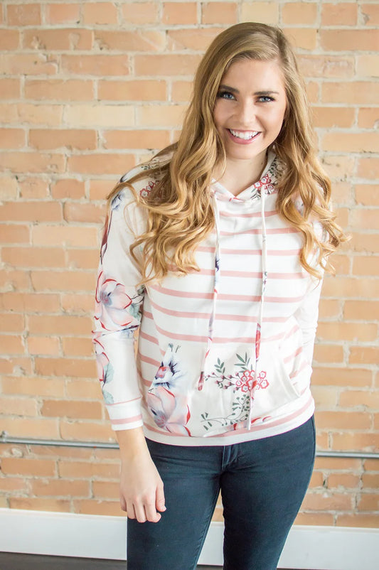 Floral and Striped Pullover Hoodie - Shop women apparel, Jewelry, bath & beauty products online - Arwen's Boutique