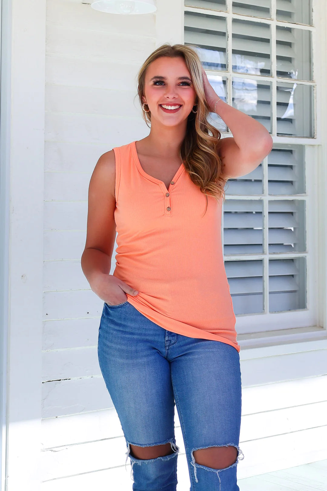 Addison Henley Tank - Bright Sherbert - Shop women apparel, Jewelry, bath & beauty products online - Arwen's Boutique