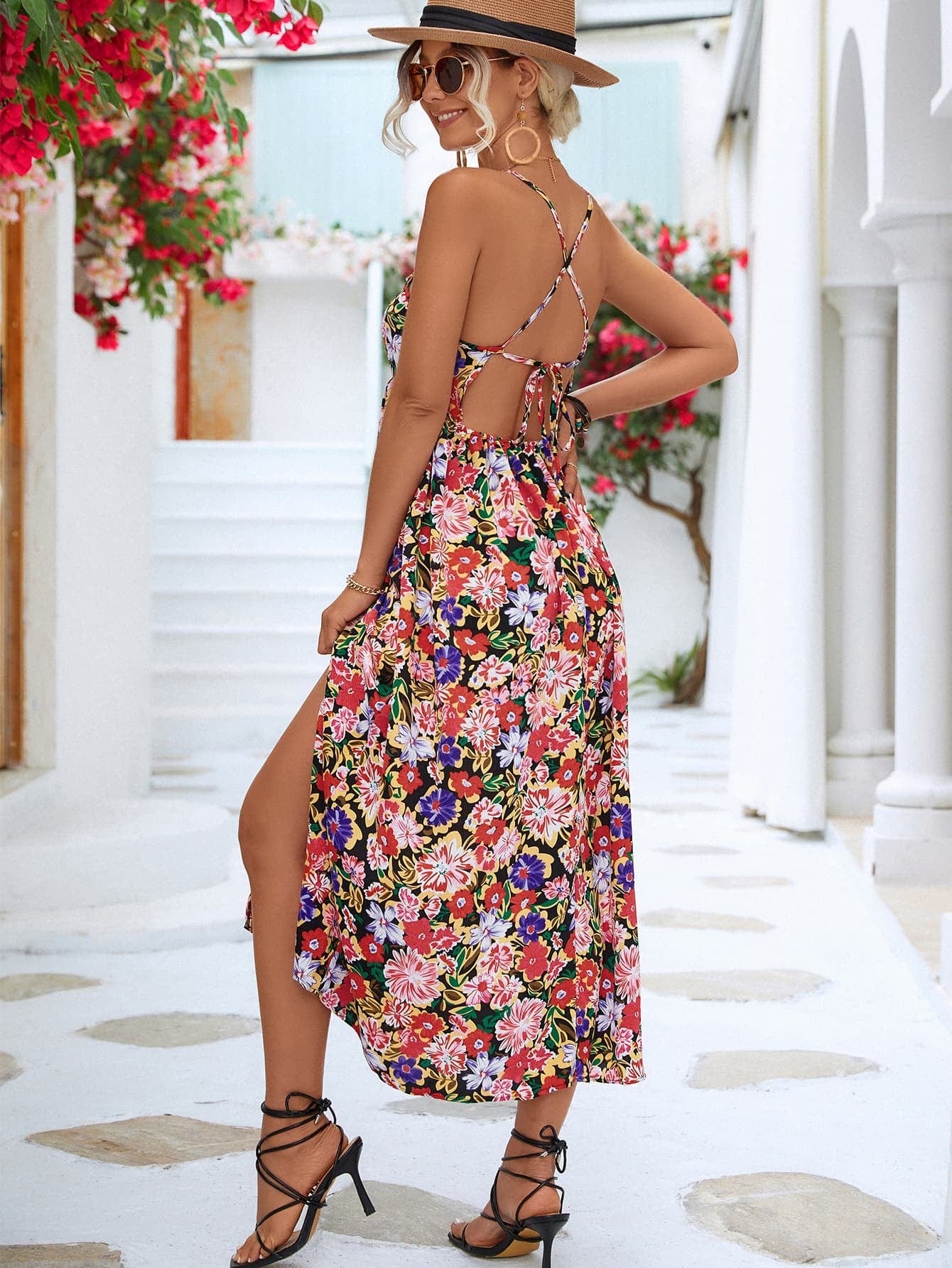 Floral Crisscross Backless Split Dress - Shop women apparel, Jewelry, bath & beauty products online - Arwen's Boutique