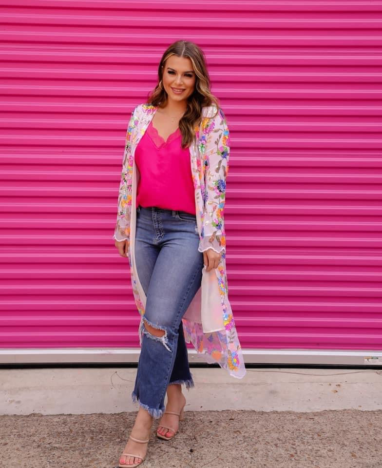 Glamorous Floral Sequin Kimono - Shop women apparel, Jewelry, bath & beauty products online - Arwen's Boutique