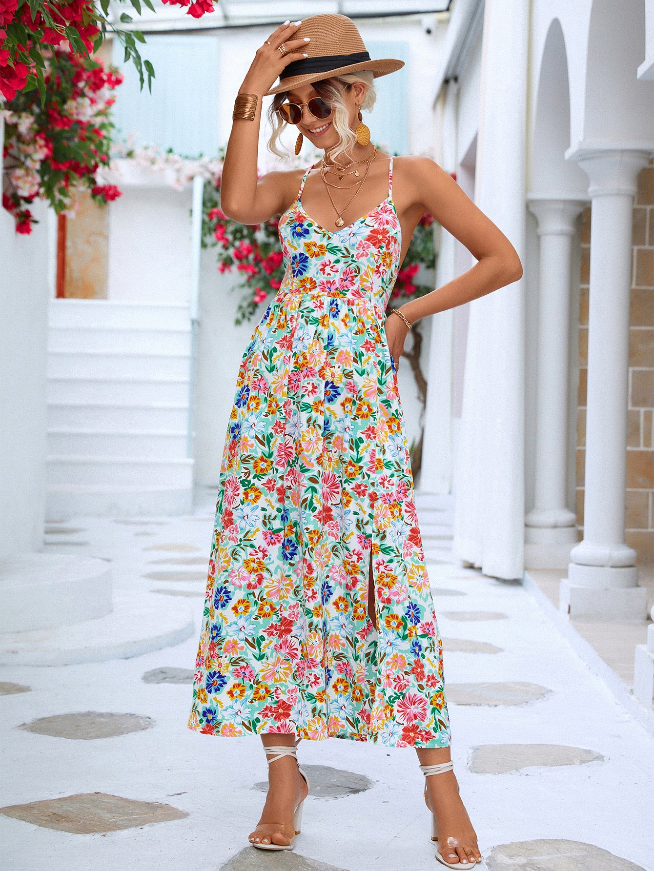 Floral Crisscross Backless Split Dress - Shop women apparel, Jewelry, bath & beauty products online - Arwen's Boutique