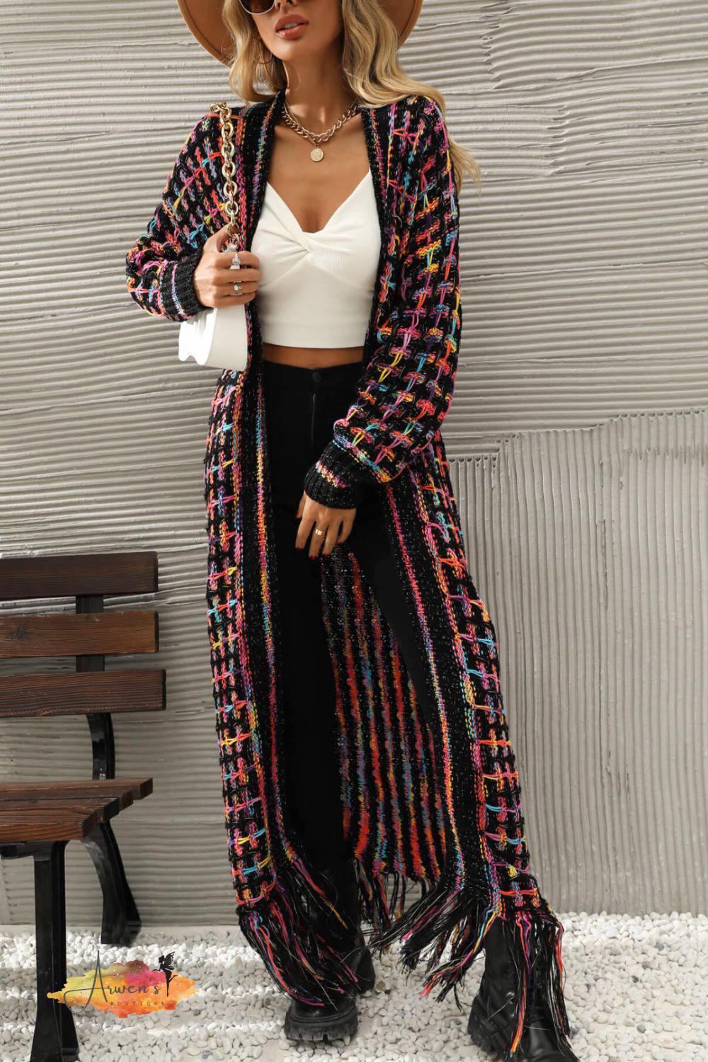 Multicolored Open Front Fringe Hem Cardigan - Shop women apparel, Jewelry, bath & beauty products online - Arwen's Boutique