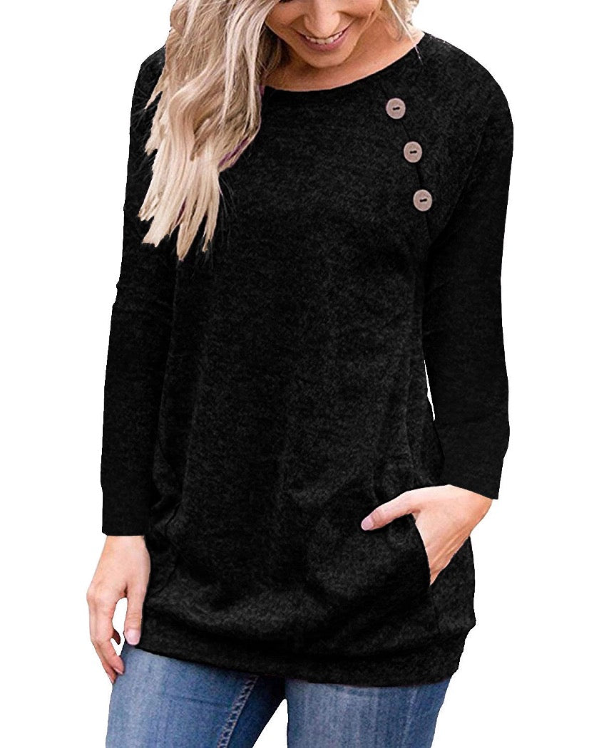 Button Black Sleeve Top - Shop women apparel, Jewelry, bath & beauty products online - Arwen's Boutique