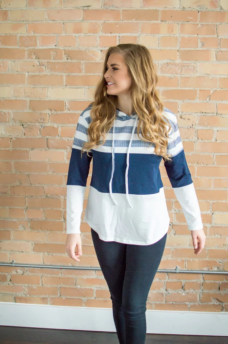 Striped Hoodie | Navy and White - Shop women apparel, Jewelry, bath & beauty products online - Arwen's Boutique