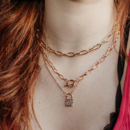 Rhinestone Lock Layered Necklace - Shop women apparel, Jewelry, bath & beauty products online - Arwen's Boutique