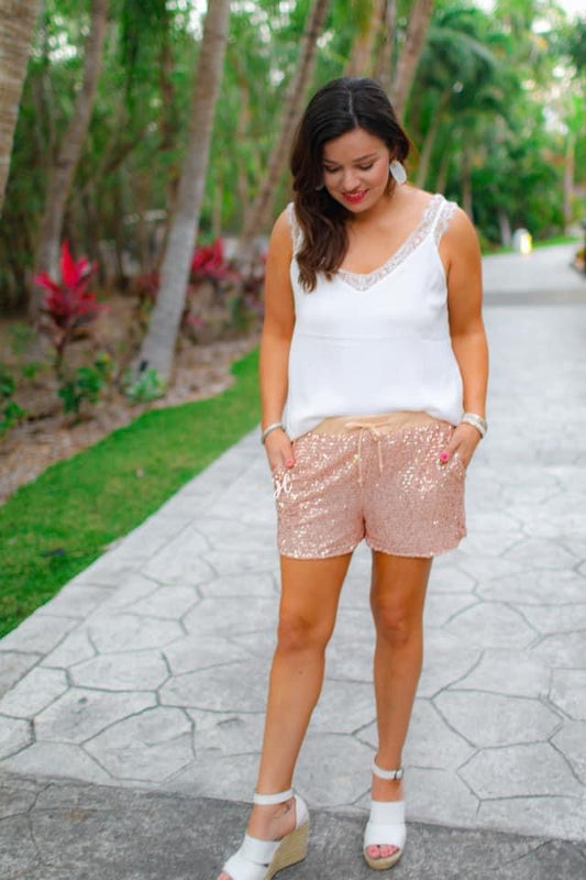 Rose Gold Sequin Drawstring Shorts - Shop women apparel, Jewelry, bath & beauty products online - Arwen's Boutique